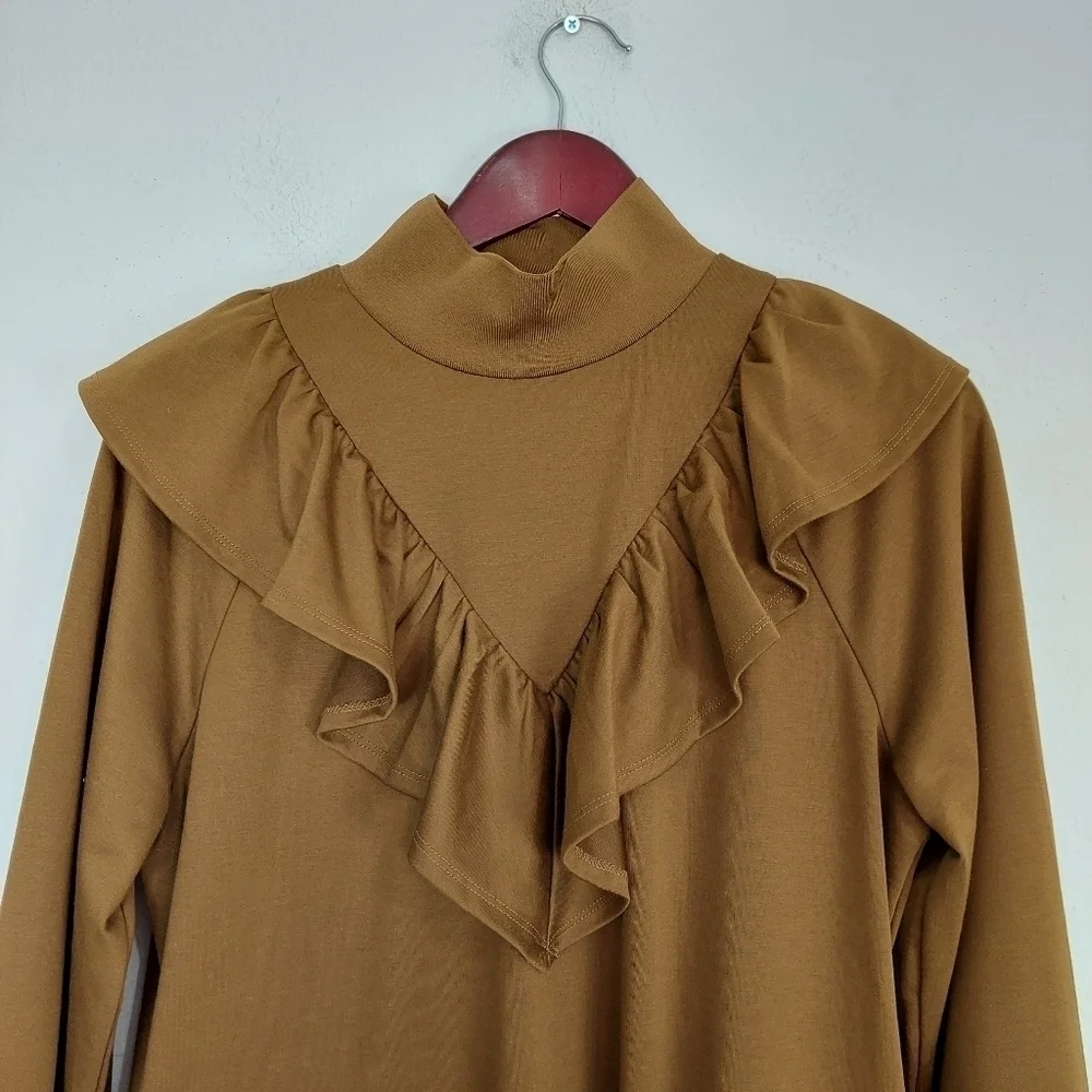 Who What‎ Wear Mock Ruffled Neck Sheath Long Sleeve Dress Brown  Pockets Size M
